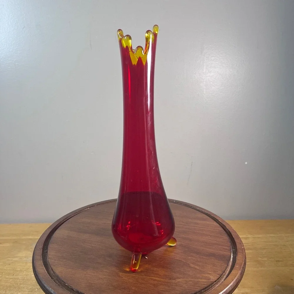 Vtg LE Smith 3 Toed Swung Vase Amberina Red Yellow Glass 11.25